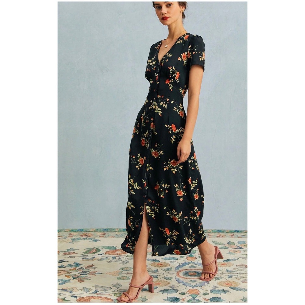 RIHOAS Black Floral Rose V-Neck Button Down Midi Dress Short Puff Sleeve XS